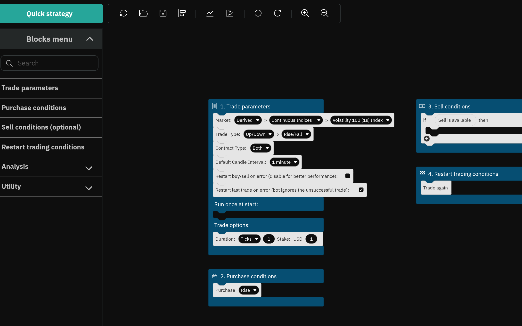 أداة Deriv Bot Builder بلا برمجة في BinaryTick: كتل معلمات الصفقة والشراء والبيع وإعادة التشغيل مركّبة على لوحة بجانب قائمة الكتل.