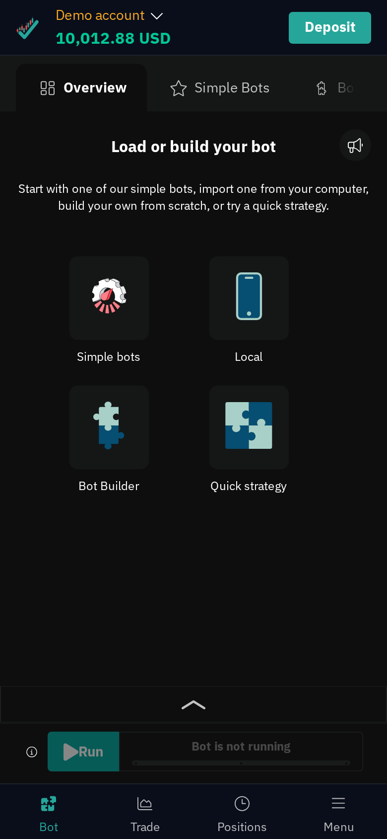Deriv bots on a phone: load or build your bot, with tiles for simple bots, importing your own DBot XML, the no-code Bot Builder and a quick strategy.