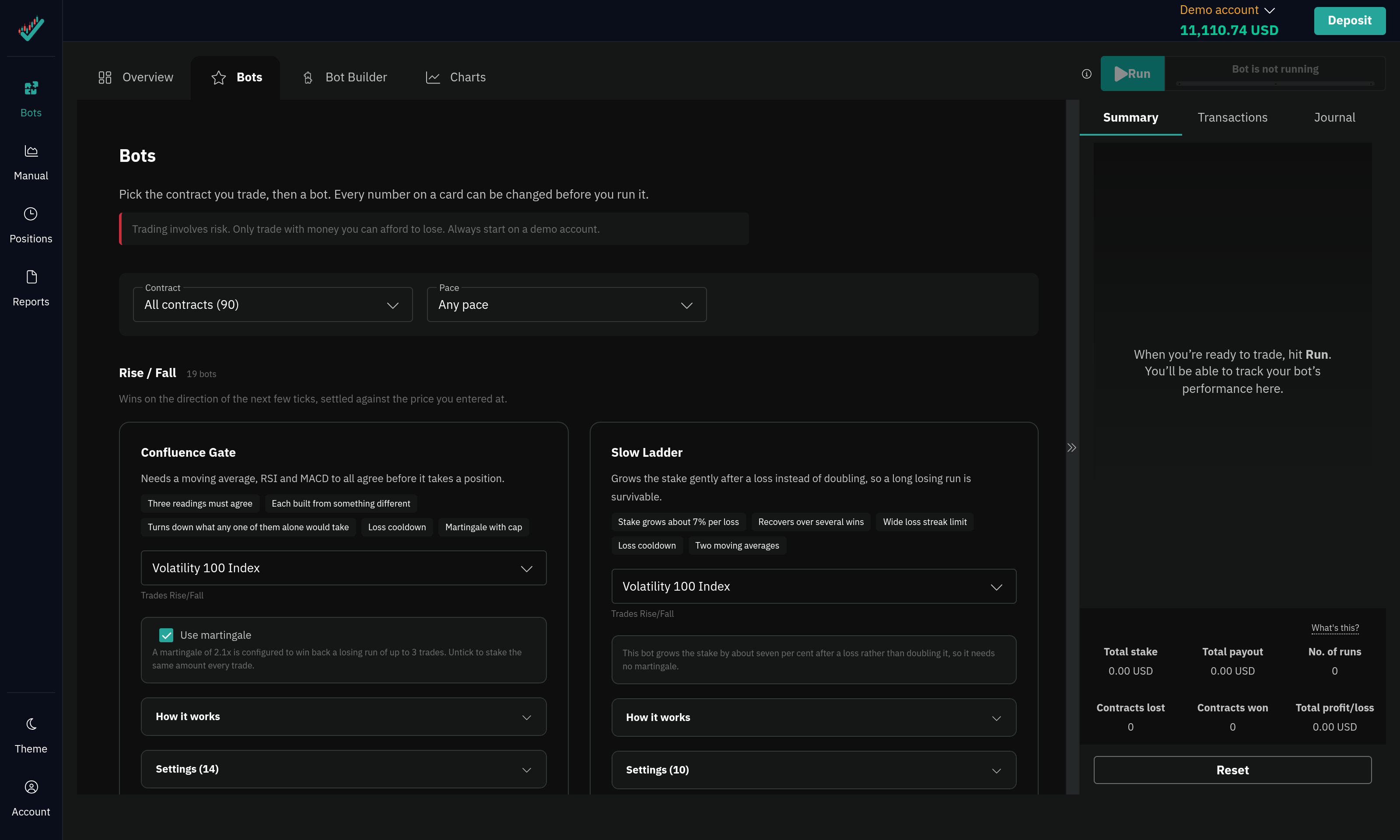 روبوتات تداول Deriv مجانية وجاهزة في BinaryTick: تبويب Bots مصفّى حسب نوع العقد، يعرض كل استراتيجية وما تفعله وما تتداوله، بجانب لوحة التشغيل.